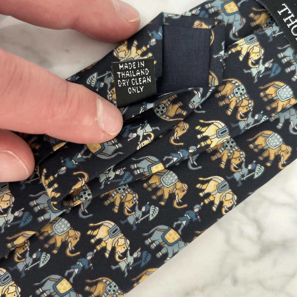Jim Thompson 100% Silk Tie Whimsical Elephants Animal Print Blue & Tan